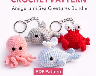 May include: A crochet pattern bundle featuring amigurumi sea creatures. The image shows a pink octopus, gray dolphin, red crab, and blue whale, each with a keychain. The text reads "CROCHET PATTERN" and "Amigurumi Sea Creatures Bundle".