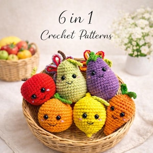 Paquete de patrones de frutas de crochet 6 en 1 - Tutorial de set de comida amigurumi - Llavero DIY