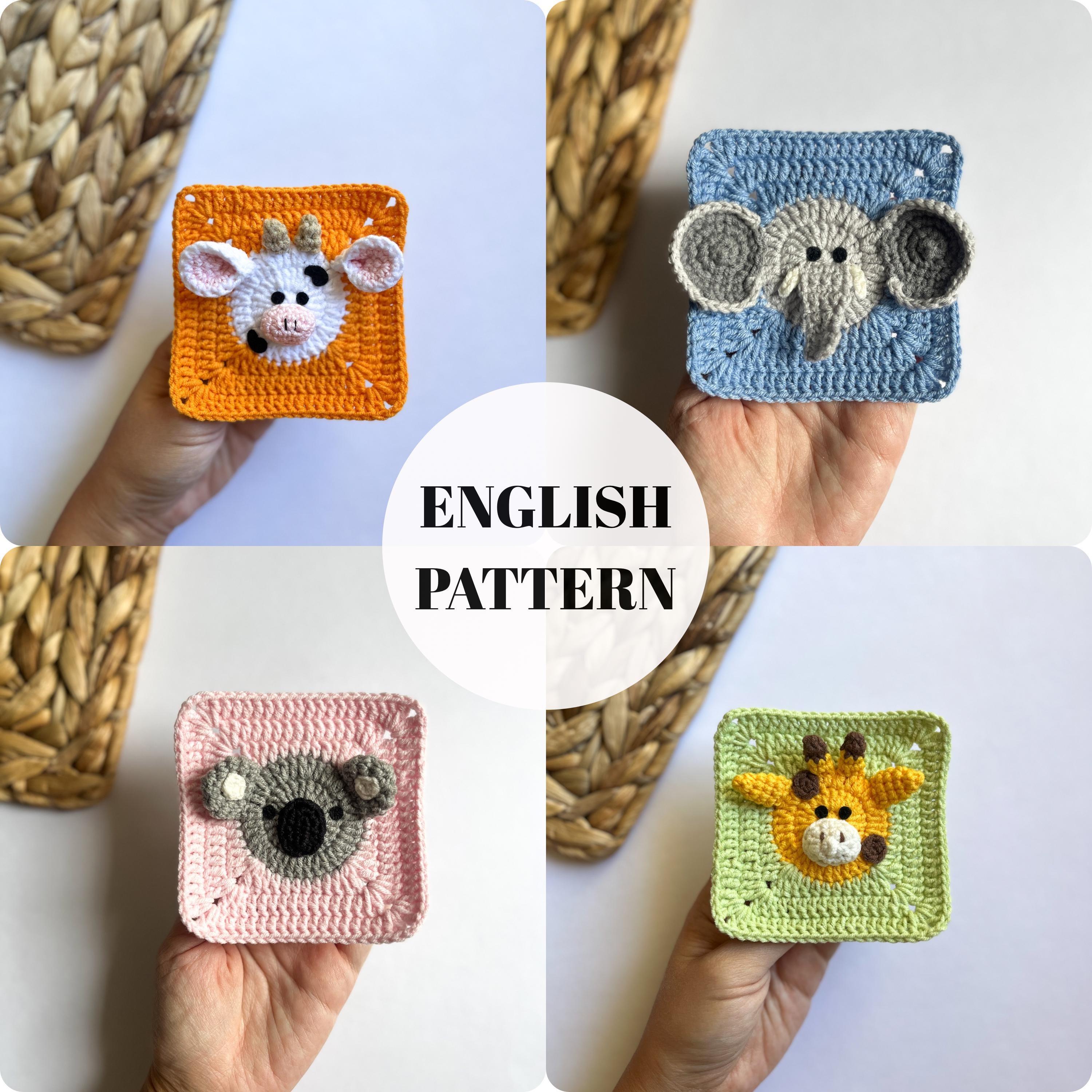 かぎ針編みの動物おばあちゃんスクエアパターン：コアラ、牛、キリン