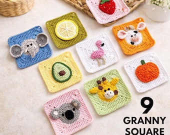 9 Animal & Fruit Granny Square Crochet Patterns: Baby Blanket Motif (PDF Pattern)