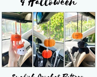 Patrón de crochet para Halloween: Adornos para coche de fantasma, calabaza y murciélago (PDF en inglés)