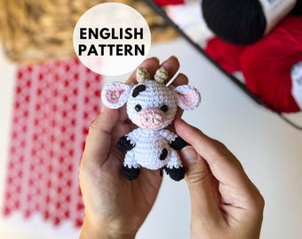 Crochet Cow Pattern, Amigurumi Keychain, Crochet Animals, Keychain Charm, Miniature Crochet Animal, Tiny Amigurumi Cow