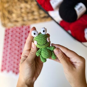 Puede incluir: Una peque&ntilde;a rana de crochet verde con ojos blancos y mejillas rosadas. La rana est&aacute; siendo sostenida por dos manos.