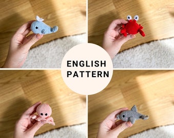 Crochet Crab-Dolphin-Octopus-Whale Keychain Pattern, Amigurumi Sea Creatures, Keychain Charm, Crochet Miniature Animals