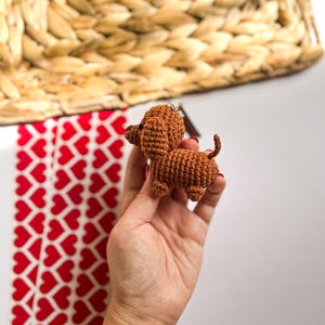 May include: A small brown crocheted dachshund toy held in a hand. The toy has a long body and short legs.