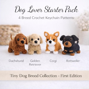 Hundvirkmönsterpaket - 4 hundnyckelringar med amigurumi i PDF-format - Tax, Corgi, Rottweiler, Golden Retriever