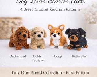 Dog Crochet Pattern Bundle - 4 Dog Amigurumi Keychain PDF - Dachshund Corgi Rottweiler Golden Retriever