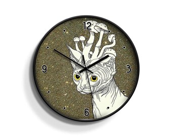 Psychodelic Mushroom Cat - Unique Wall Clock Great For Home Decor Wall Deco Kitchen Living Room Bedroom Kids Room Nursery Office House