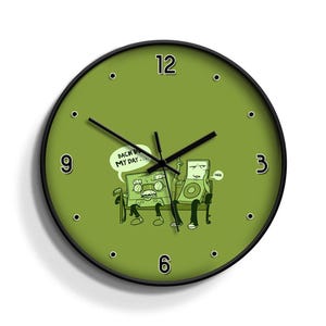 May include: Green clock with black hands and a black frame. The clock face has black numbers and a cartoon image of two cassette tapes sitting on a bench. The text on the clock face reads "Back in my day..."