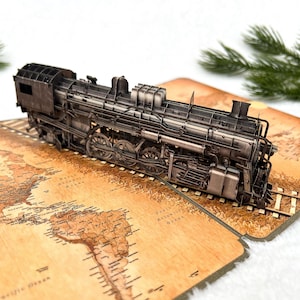 Detailreiche Pop Up Karte mit Zug, Lokomotive, Eisenbahn im Vintage-Stil als Reisegutschein Bahn