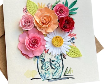 Kleine 3D Blumen Karte (10x10cm) - Handgefertigter Papierblumenstrauß aus feinen Papierstreifen