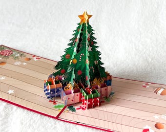 Pop-up Christmas card, Christmas card with cute Christmas elves, Santa Claus on a train