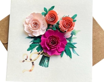 Kleine 3D Blumen Karte (10x10cm) - Handgefertigter Papierblumenstrauß aus feinen Papierstreifen