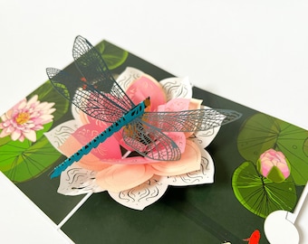 Personalisierte Pop Up Karte, Libelle auf Lotusblume, 3D Geburtstagskarte für Frauen, Mutter, Freundin, Oma, Dankeskarte