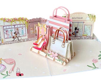 Elegante Pop-up Karte Shopping, Geschenk Shoppen, Verpackung Einkaufsgutschein, Geldgeschenk Shopping Frau, Freundin