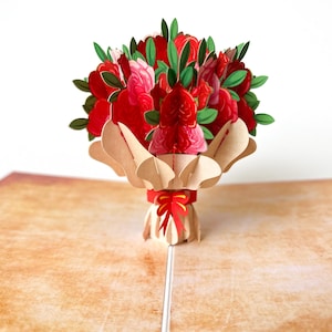 Carte pop-up anniversaire roses, bouquet de fleurs, carte d'anniversaire, carte 3D roses, carte pliante