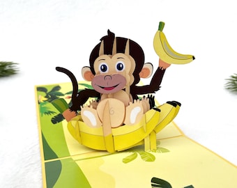 Affe mit Banane Pop Up Karte, Geburtstagskarte, Gutschein Zoo Besuch