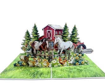 Personalisierte Pop up Karte Bauernhof Tiere, Pferde, Katzen, Hunden