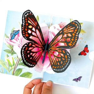 Cartão pop-up, borboleta, flor, cartão de aniversário para mulheres / namorada / avó, com encarte