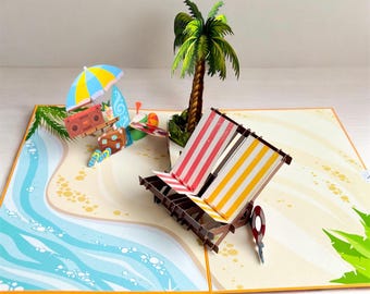 Personalized pop-up card, deck chairs by the sea with palm tree, retirement, cash gift, holiday, travel voucher