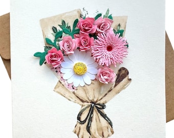 Kleine 3D Blumen Karte (10x10cm) - Handgefertigter Papierblumenstrauß aus feinen Papierstreifen