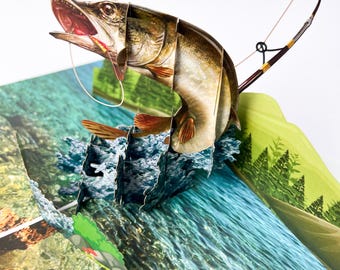 Personalisierte Pop Up Karte Angler, Geburtstagskarte Fisch, Geschenkidee Hobby Angler, 3D Karte