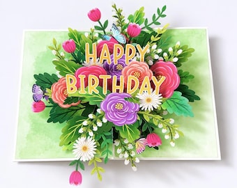 Pop-up card, Happy Birthday, 3D birthday card, flowers