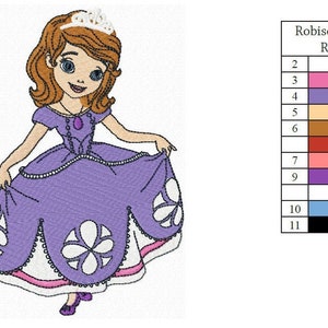 以下が含まれることがあります： 白い花とピンクの縁取りが付いた紫色のドレス。ドレスは、茶色の髪と王冠をかぶった漫画の女の子が持ち上げています。女の子は紫色の宝石のネックレスをしています。画像には、番号と対応する糸の色が示されたカラーチャートが含まれています。