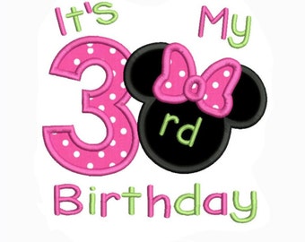 3 ° compleanno macchina ricamo Applique Design, terzo compleanno della ragazza, mouse orecchie 3 ° compleanno, 3 dimensioni, DOWNLOAD immediato
