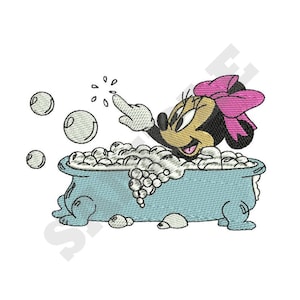 May include: A cartoon illustration of a mouse taking a bath in a blue bathtub with white bubbles. The mouse is wearing a pink bow and has a white glove on one hand. The mouse is reaching for a white bubble.