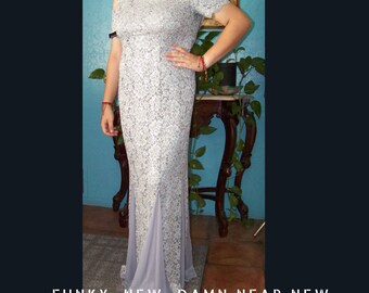 NEW Evening Gown Silver Lace | New w/Tags R M Richards | Timeless Classic Long Dress | NWT Formal Dress Size 6 | Ships Free |PeekaBoo sleeve