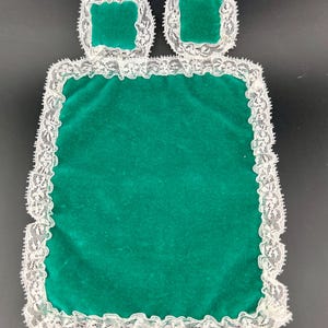 Twin Bed Velour Bedspread With Matching Pillows. Dark Teal with White Lace Trim. Dollhouse Scale 1:12.