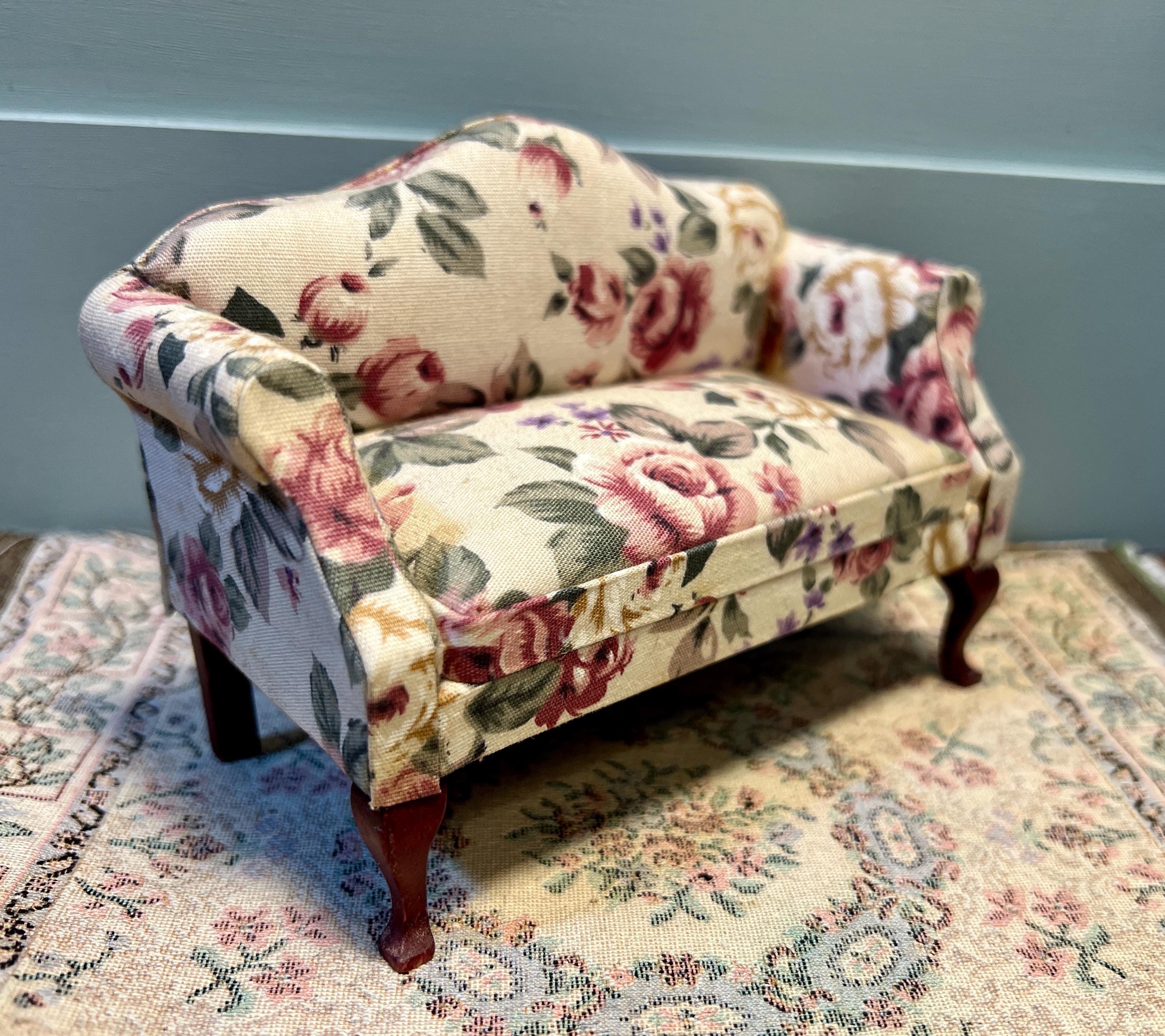 Beatiful Settee / Sofa with Rich Rose Pattern Adorning the Fabric. Dollhouse Scale 1:12. Rug Not Included.