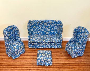 Sofa Set - Couch, Two Chairs & Footstool. Blue Floral Print.  Dollhouse Scale 1:12.