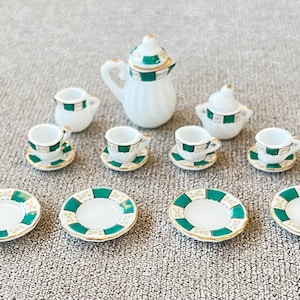 Tea Service for Four. Teapot, Creamer, Sugar, 4 Plates, 4 Saucers and 4 Cups. Dollhouse Scale 1:12.