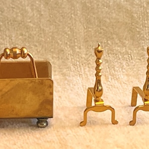 Fireplace Andirons and Log Carrier. Brass. Please Read Description. Dollhouse Scale 1:12.