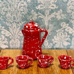 Speckleware. Red. Coffeepot and Cos or Pots and Pans. “Dollhouse Scale 1:12.