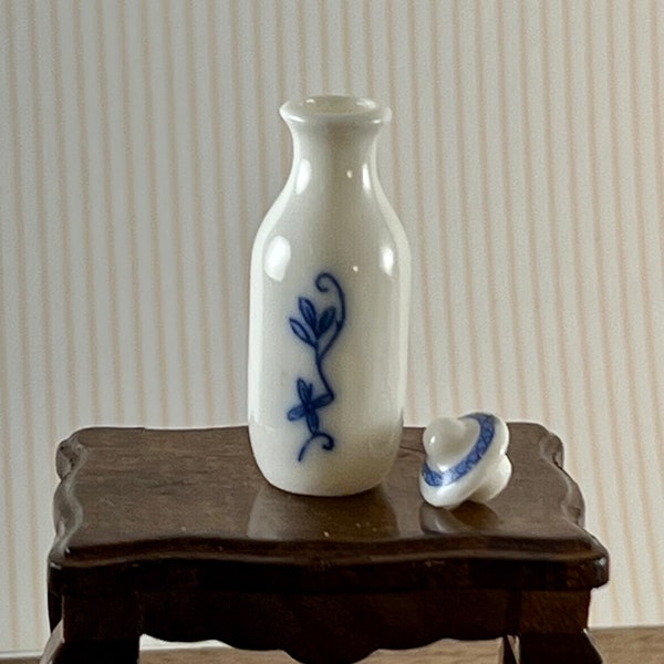 Dollhouse White Ceramic Container / Vase with Delicate Dark Blue Floral Accent & Lid