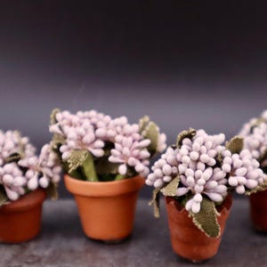 Pale Lavender Colored Flowers in 4 Pots. Handmade. Vintage. Dollhouse Scale 1:12.