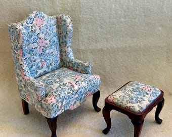 Beautiful Blue Floral Wing Chair and Matching Ottoman. Dollhouse Scale 1:12.