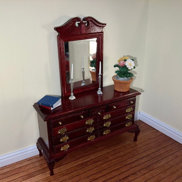 Federal Style Long Dresser / Side Table & Mirror. Includes Pewter Candlesticks, Books and Flowers. Scale 1:12. Deep Mahogany Color.