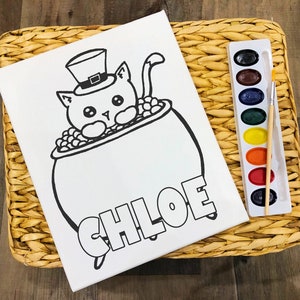 St Patricks Day Cat in a Pot of Gold - Personalized - Pre Sketched Paint Party Canvas - Birthday party, Paint Night, Sip and Paint, Favor