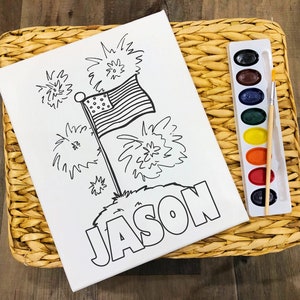 American Flag with Fireworks - Personalized - Pre Sketched Paint Party Canvas - Paint Night, Sip and Paint, Favor - Fourth of July
