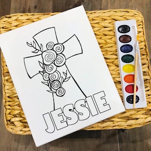 Easter Religious Jesus Cross with Flowers - Personalized - Pre Sketched Paint Party Canvas - Birthday party, Paint Night, Sip and Paint