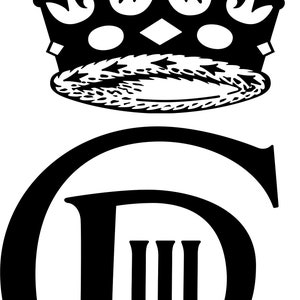May include: Black and white image of a crown with the letters "C R III" underneath. The crown is a traditional royal crown with a cross on top and a band of pearls around the base.