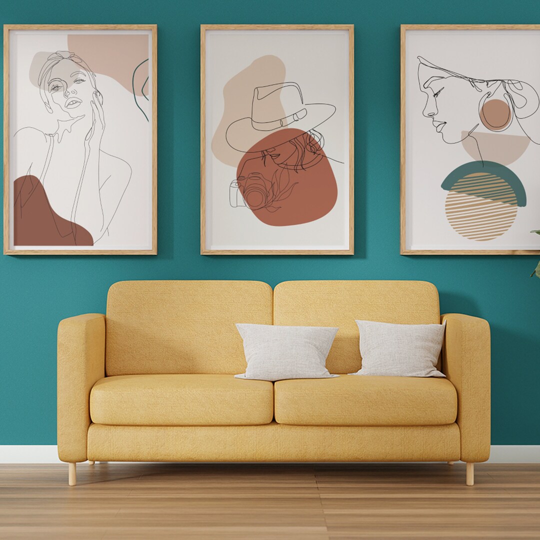 Terracotta Line Art Gallery Wall Set of 3, Vibrant Digital Abstract Art