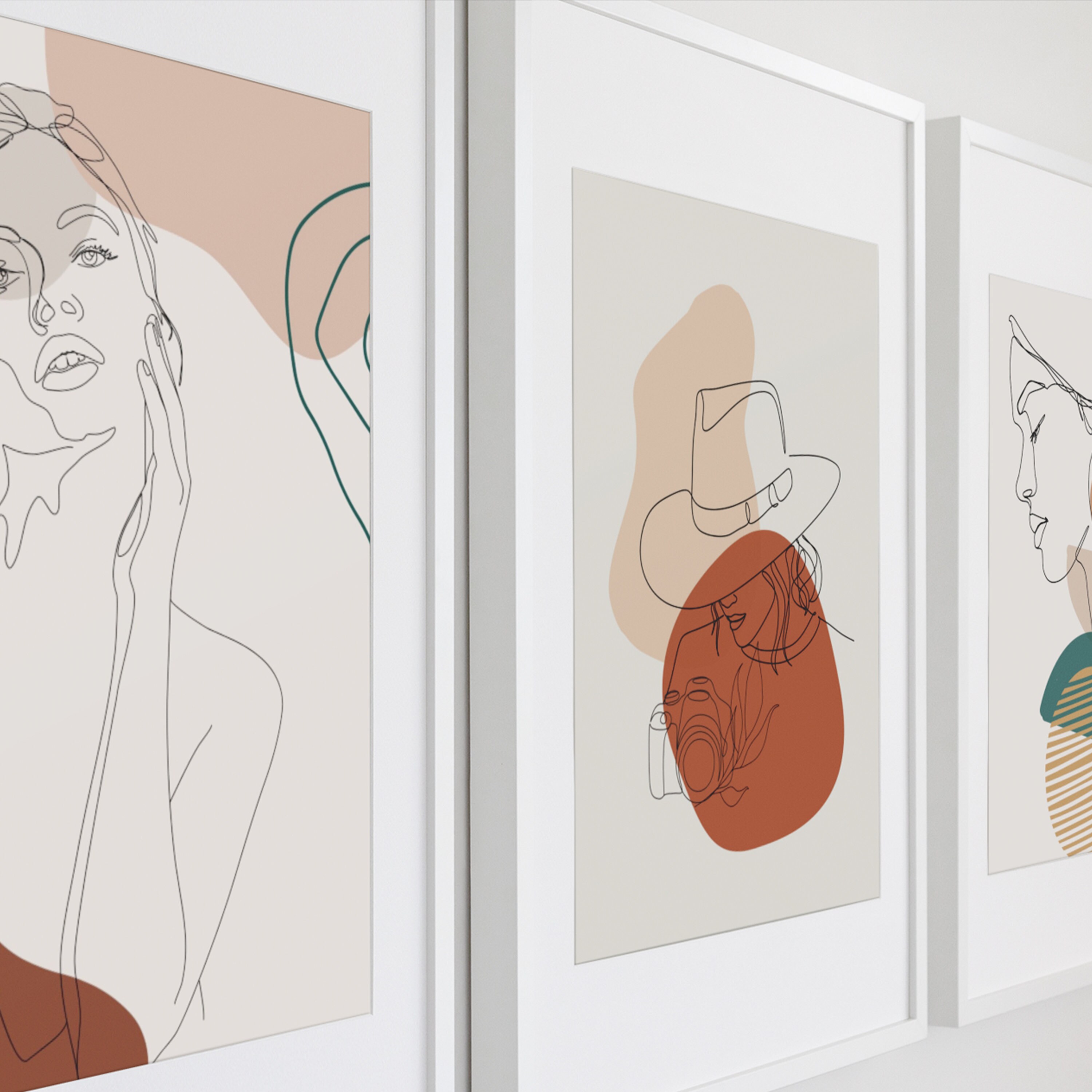 Terracotta Line Art Gallery Wall Set of 3, Vibrant Digital Abstract Art