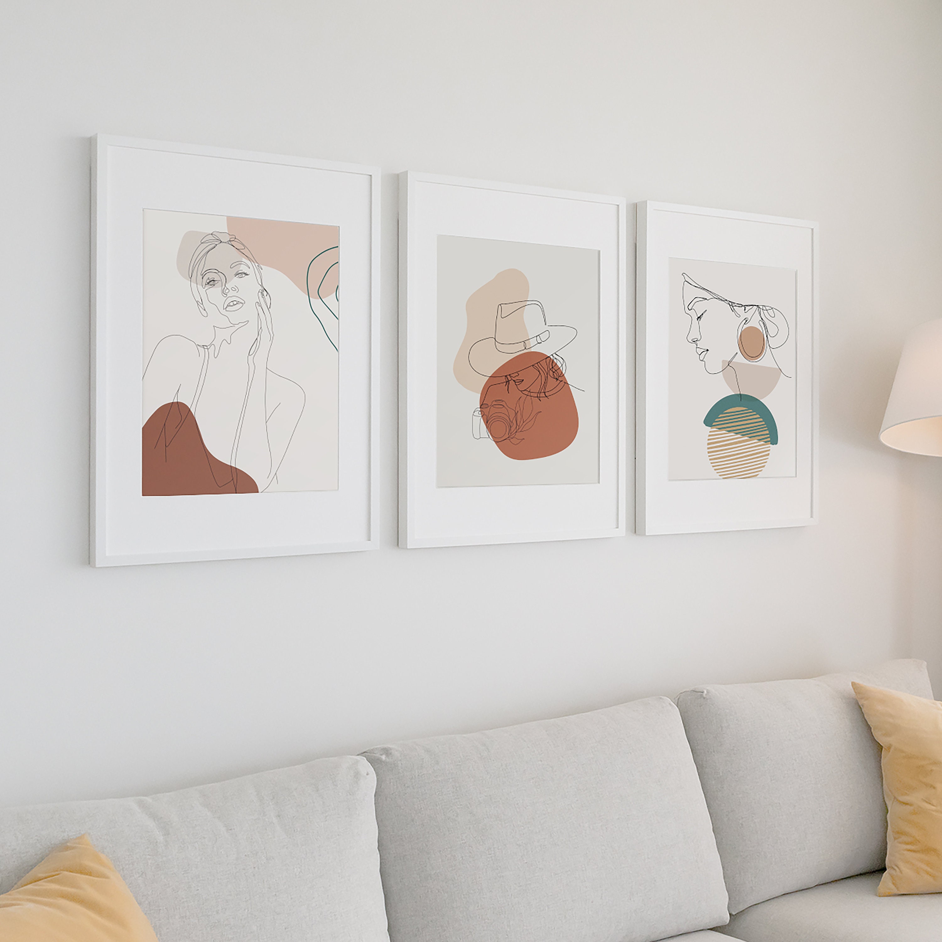 Terracotta Line Art Gallery Wall Set of 3, Vibrant Digital Abstract Art