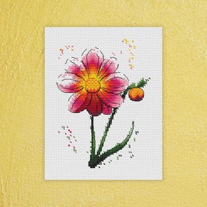 Poster punto croce Dalia rosa || Stampa ricamo incantato || Arte murale ispirata al ricamo opaco || Regalo di ricamo floreale per artigiani