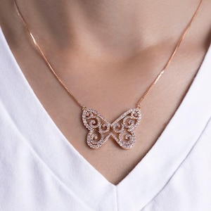 1.7 Carat Natural Diamond Faint-Light Pink Diamond Pave Butterfly Necklace, Real 14k Rose Gold Necklace, Charm Pendant, Necklace for Women
